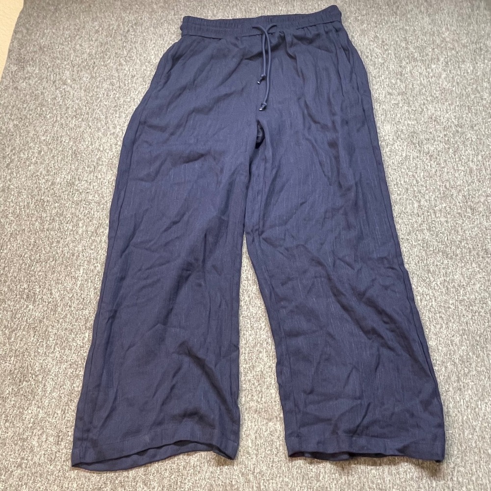 Halara High Waisted Drawstring Pocket Wide Leg Baggy Casual Linen-Feel Navy MP